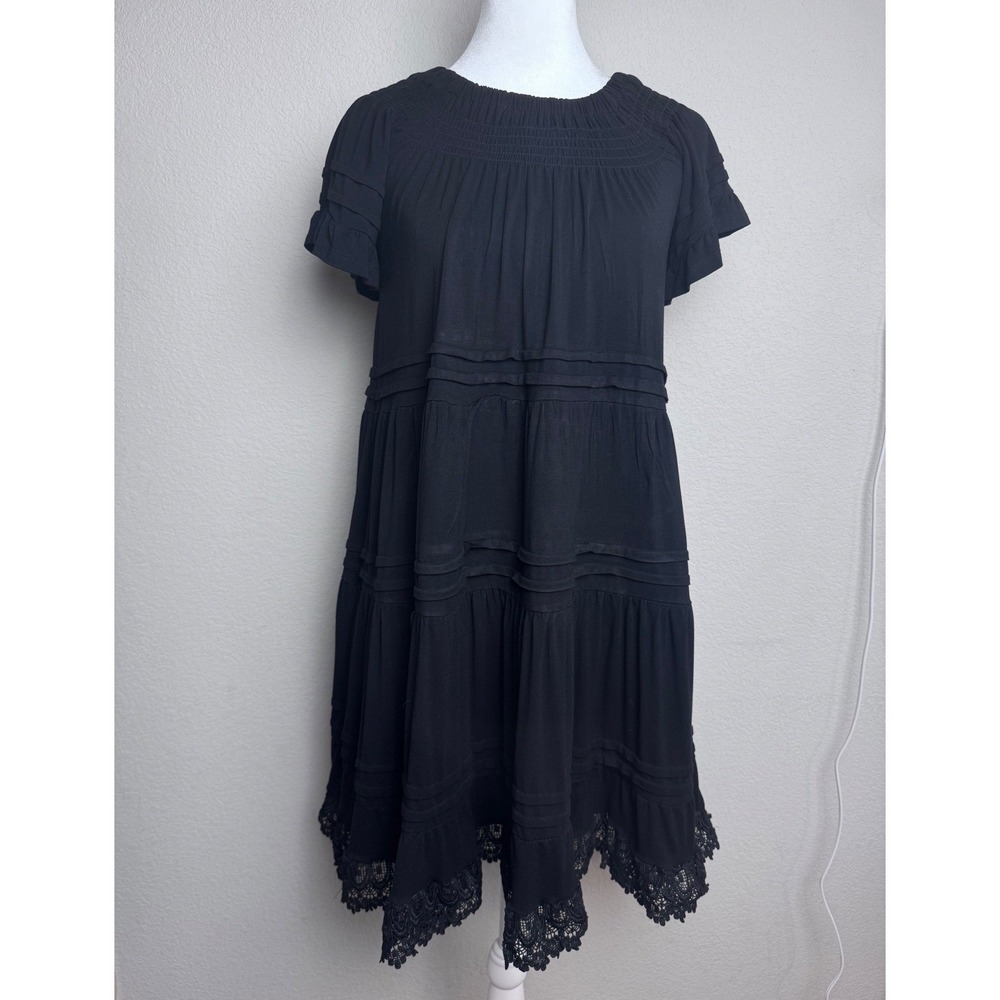 Philosophy Republic Clothing Black Tiered Lace Hem Mini Dress Small Boho Smocked